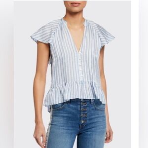 Veronica Beard Maple White Blue Linen Silk Striped Flutter Sleeve Blouse size 0